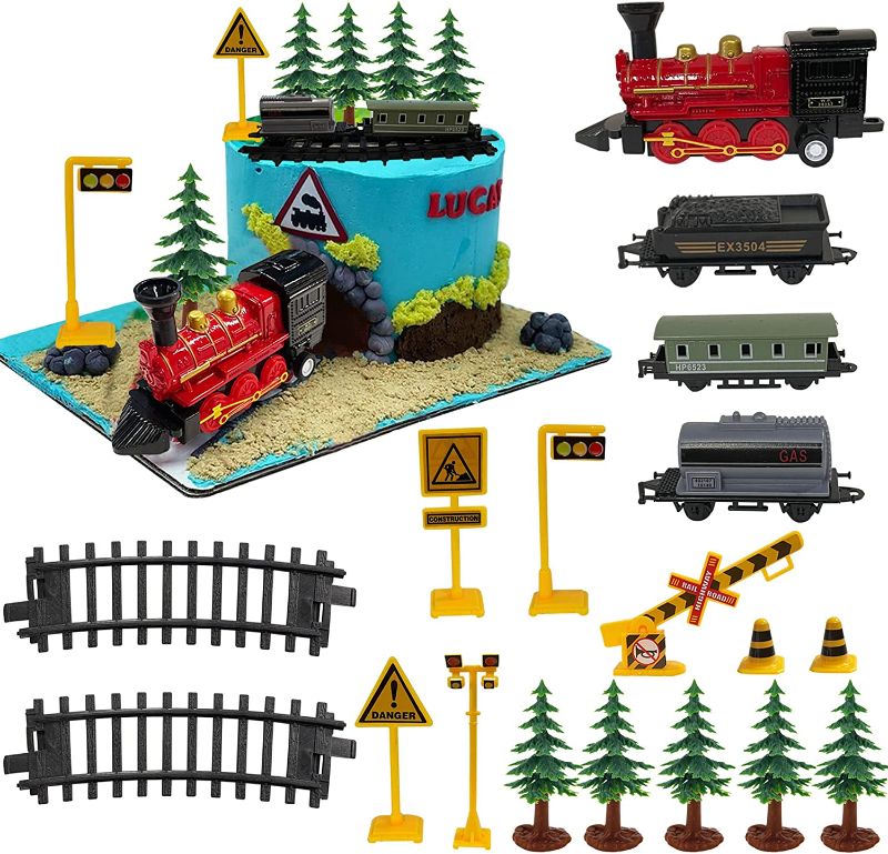 Photo 1 of 18PCS Train Cake Decorations Train Cake Toppers Train Birthday Party Supplies Train Track Traffic for Birthday Railway Steam Train Theme Party Decorations