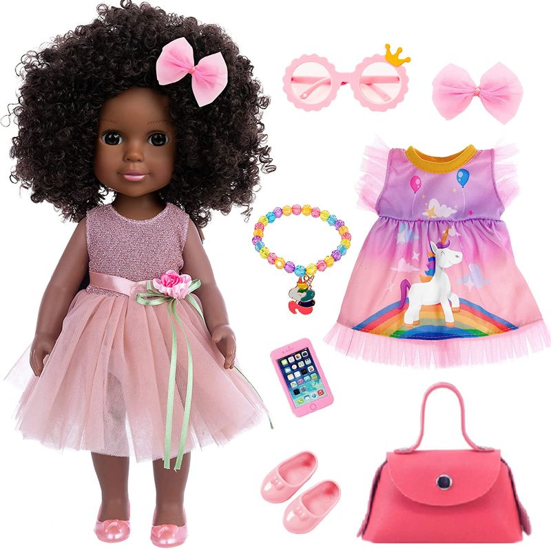 Photo 1 of iBayda 14.5 inch Girl Black Doll and Black Doll Accessories Washable African-American Realistic Doll Include Two Dresses Glasses Necklace Hairpin Handbag Shoes Phone Toys, Best Gift for Kids Girls