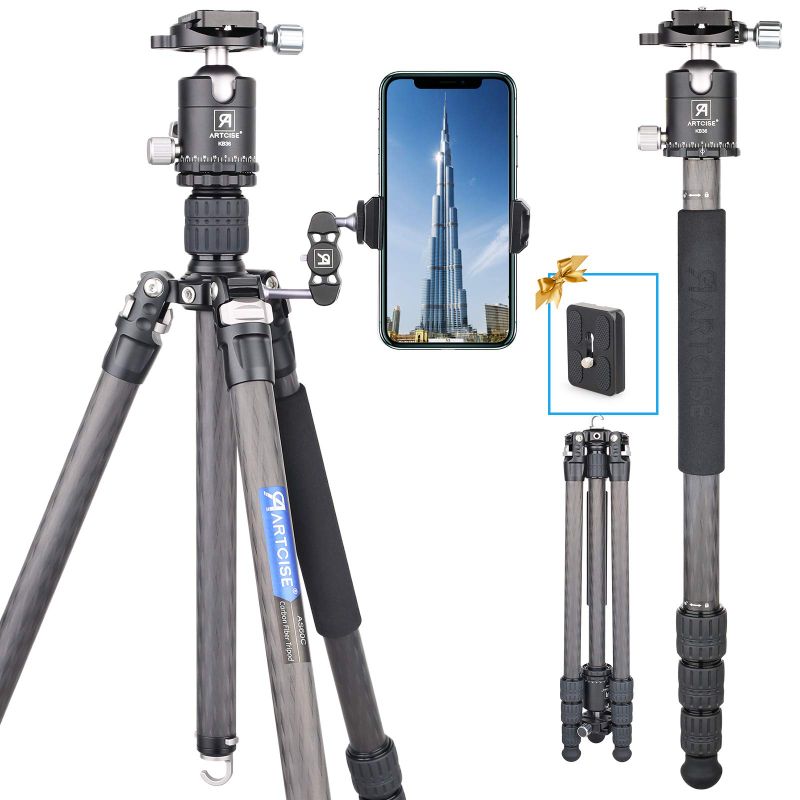 Photo 1 of Carbon Fiber Tripod Camera Tripod Monopod Compact Lightweight Travel Tripod with 360 Degree Ball Head and Two 1/4 in Quick Shoe Plate for DSLR Camera, Video Camcorder, Max Load 44lb/20kg Tripod+Ball Head