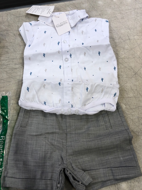 Photo 2 of Baby Boys Gentleman Outfits Suits, Infant Short Sleeve Shirt+Shorts+Bow Tie+Suspenders Clothes Set White+gray 9-12 Months