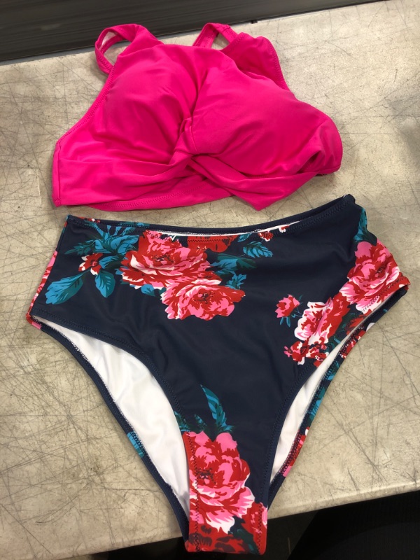 Photo 2 of Blooming Jelly Women's High Waisted Bikini Twist Two Piece Swimsuit High Neck Knotted Leaf Print Bathing Suit X-Large Hot Pink Top & Floral Bottoms