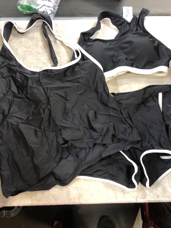 Photo 2 of Yonique 3 Piece Athletic Tankini Swimsuits for Women with Shorts Swim Tank Tops with Sports Bra and Boyshorts Bathing Suits Medium Black White