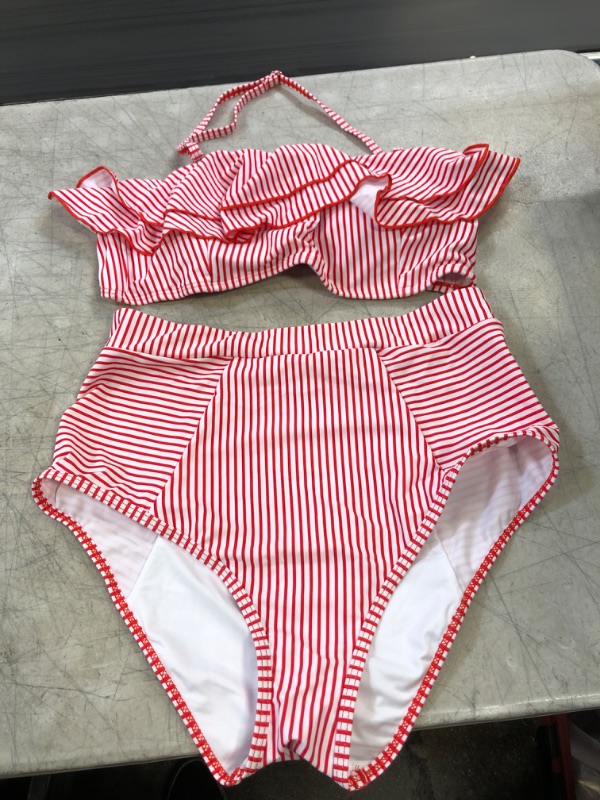 Photo 1 of 2 PIECE BATHING SUIT- RED/WHITE STRIPES
SIZE- MEDIUM