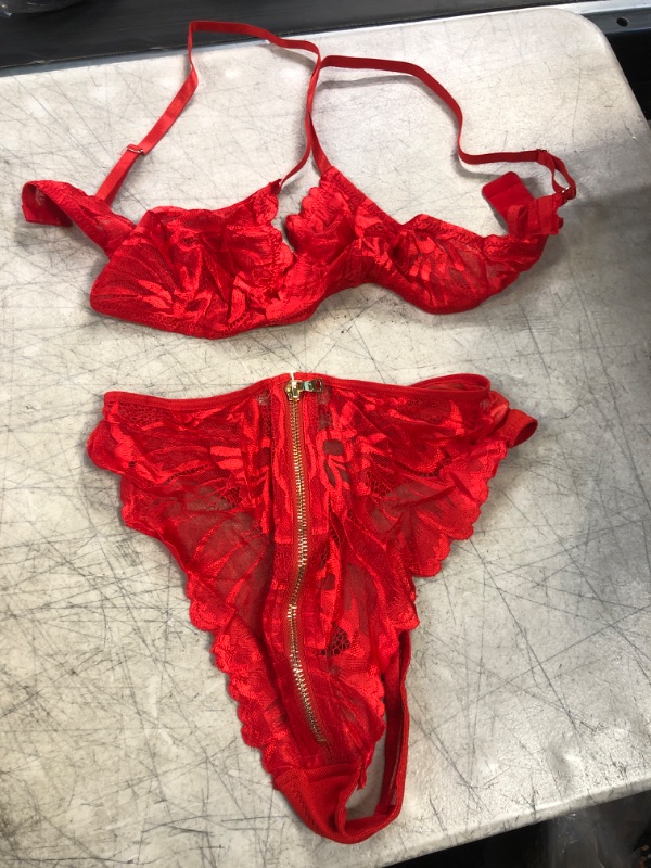 Photo 2 of Aranmei Womens Sexy Bra and Panty Sets High Wasited Zip Front Lace Lingerie Set Red 
size- small