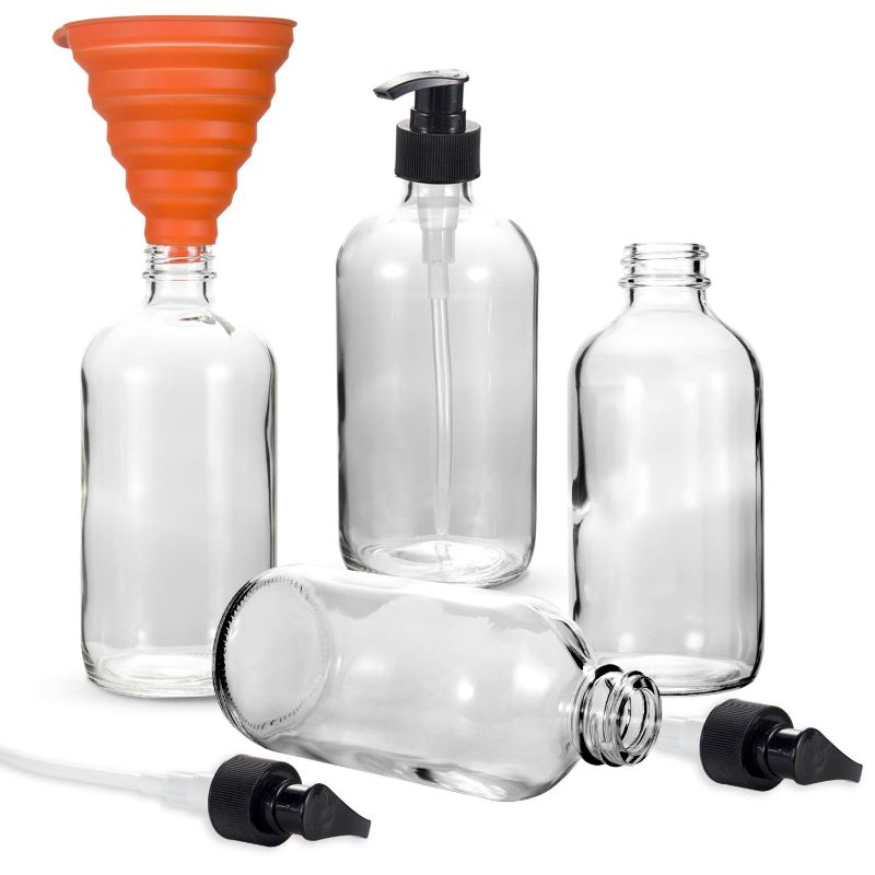 Photo 1 of 16oz 4 Pack Glass Pump Bottles, RUCKAE Clear Pump Bottle for Soap Dispenser, Empty Pump Bottle for Shampoo, Body Wash, Hand Soap, Lotion and More
