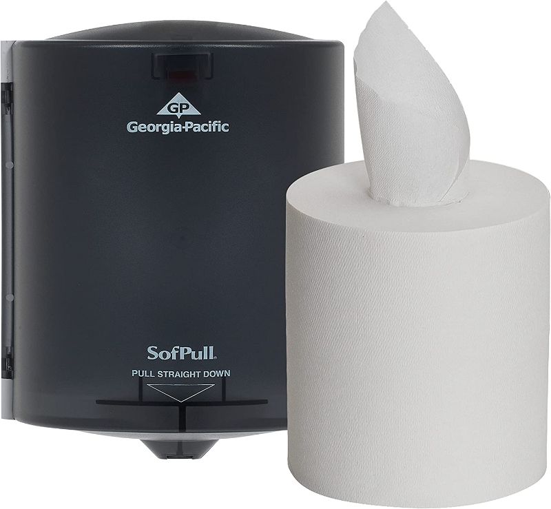 Photo 1 of Georgia-Pacific SofPull Centerpull Paper Towel Dispenser Trial Kit by PRO, 58206, 1 Translucent Smoke Regular Paper Towel Dispenser, 58204 and 1 Regular Centerpull Premium Paper Towel Refill, 28124
