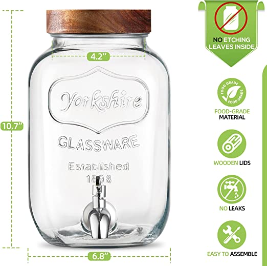 Photo 2 of 1-Gallon Glass Drink Dispenser with Stand, 18/8 Stainless Steel Spigot, Designed Wooden Lid - [2 Pack] Glass Beverage Dispensers for Parties - Mason Jar Drink Dispensers with Lids, Wooden Chalkboards