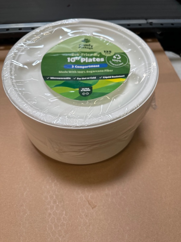 Photo 2 of 100% Compostable 10 inch Heavy-Duty Plates 3 Compartment [125 Pack]