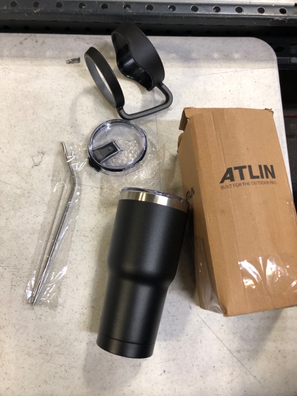 Photo 2 of Atlin Tumbler [30 oz. Double Wall Stainless Steel Vacuum Insulation] - Black Travel Mug [Crystal Clear Lid] Water Coffee Cup [Straw + Handle Included]For Home, Office, School, Ice Drink, Hot Beverage