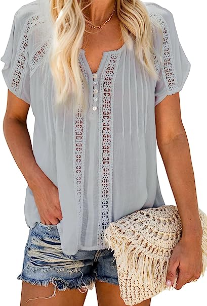 Photo 1 of Dokotoo Women's V Neck Lace Crochet Eyelet Tops Short Sleeve Casual Shirts Blouses SIZE L
