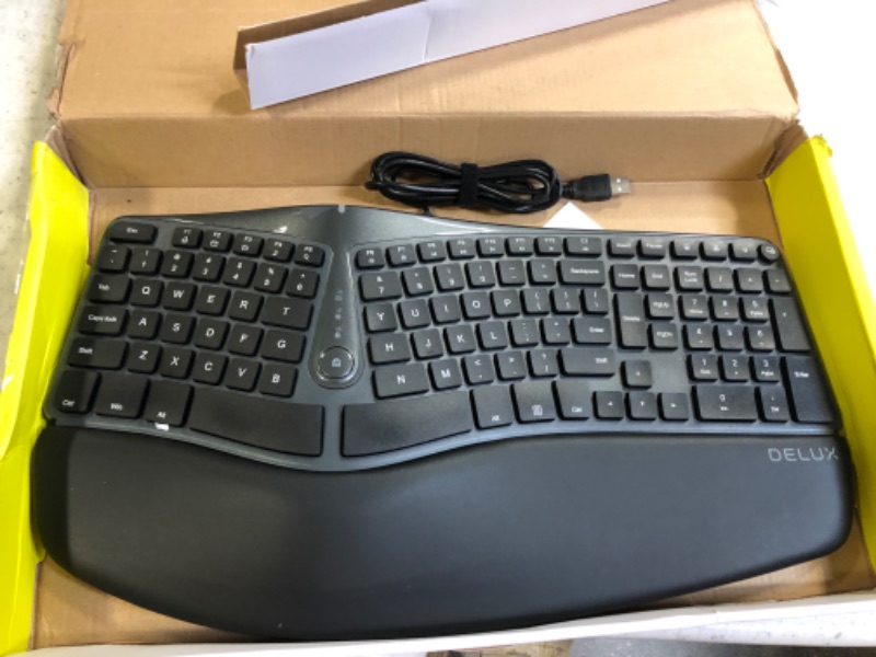 Photo 2 of DeLUX Wired Ergonomic Split Keyboard with Wrist Rest, [Standard Ergo] Keyboard Series with 2 USB Passthrough, Natural Typing Reducing Hand Pressure, 107 Keys for Windows and Mac OS (GM901U-Black)