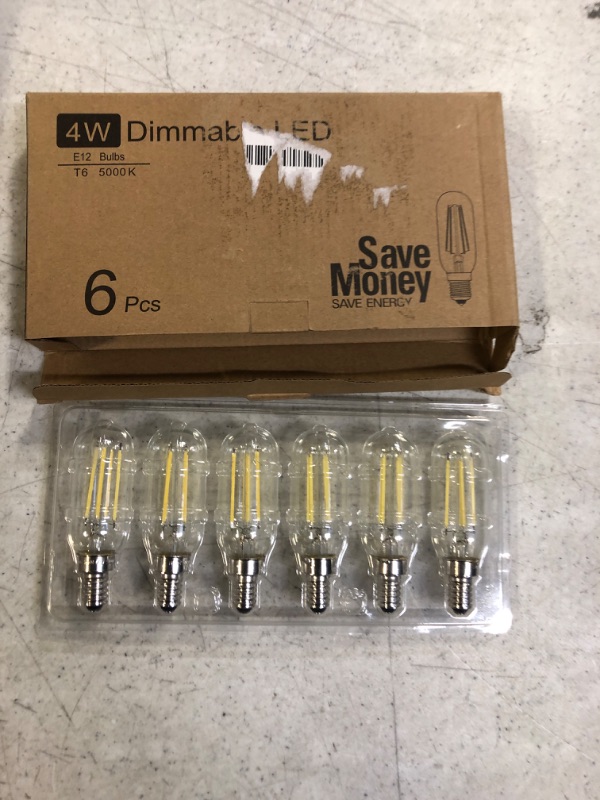 Photo 2 of E12 LED Light Bulbs 40 Watt Equivalent, 4W Candelabra Dimmable Edison Bulbs, 5000K Daylight White T6 LED Bulbs for Chandelier Ceiling Fan Light 400LM, Vintage T25 Tubular Small Filament Bulbs, 6 Packs Daylight White 6 Count (Pack of 1)