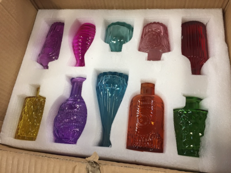 Photo 2 of 20 Pcs Colored Glass Bud Vases Small Vases for Flowers Vintage Embossed Vases in Bulk Mini Glass Bottles for Wedding Centerpieces Home Table Decoration (Colorful)