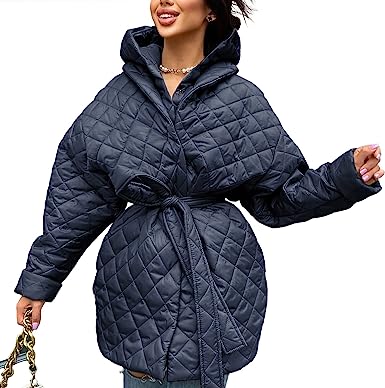 Photo 1 of BTFBM Women Button Down Quilted Jacket Coat 2023 Fall Winter Fashion Belt Pockets Removable Padded Hood Puffer Outerwear - Navy - Sz Small