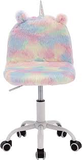 Photo 1 of ZHENGHAO Cute Kids Desk Chair, Faux Fur Fuzzy Adjustable Children Swivel Chair Colorful Fluffy Furry Rolling Study Side Chair with White Foot
