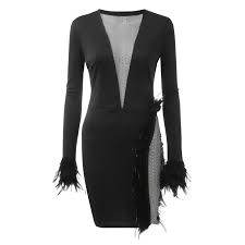 Photo 1 of Feather Decor Mesh Patchwork Bodycon Party Dress - Black - Sz Large
