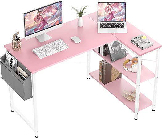 Photo 1 of Homieasy Small L Shaped Computer Desk, 47 Inch L-Shaped Corner Desk with Reversible Storage Shelves for Home Office Workstation, Modern Simple Style Writing Desk Table with Storage Bag(Pink)
