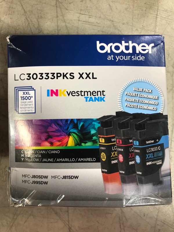 Photo 2 of Brother Genuine LC30333PKS 3-Pack, Super High-yield Color INKvestment Tank Ink Cartridges; Includes 1 Cartridge each of Cyan, Magenta & Yellow, Page Yield Up to 1,500 Pages/Cartridge, LC3033