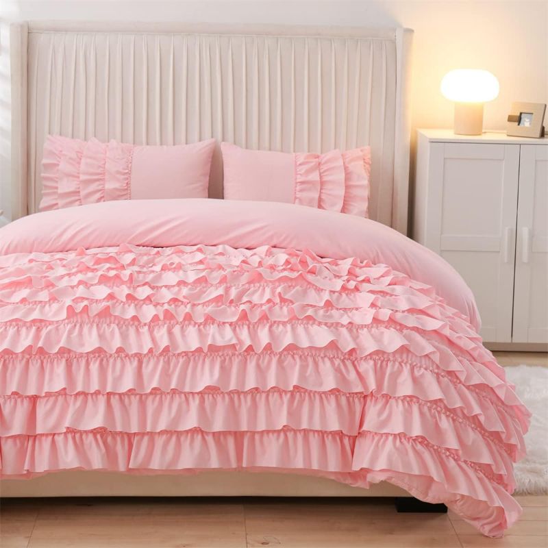 Photo 1 of Holawakaka Pink Waterfall Ruffle Comforter Set Twin Size Multi-Layers Ruffled Shabby Chic 3PCS Bedding Set for Girls Women
