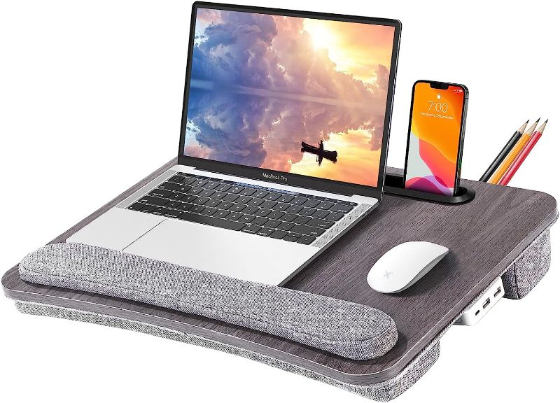 Photo 1 of Lap Desk Laptop Bed Table: Computer lapdesk with Soft Pillow and Storage Bag - Padded Lap Work Tray and Gaming Desk on Bed - Wood Wide Writing Tray for Home Office - Fits up to 15.6 inch Laptop
