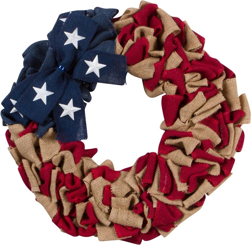 Photo 1 of 20-Inch Rustic Red White and Blue Patriotic Burlap Fabric Front Door Wreath with Metal Star Bow – Country Americana Decoration – Indoor Outdoor 4th of July Home Decor
