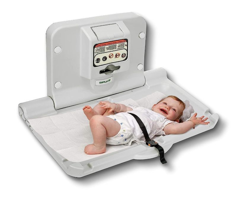 Photo 1 of Alpine Wall Mounted Baby Changing Station - Horizontal Baby Changing Table Foldable Diaper Tables with Safety Strap for Commercial Bathroom, ADA Compliant (Hardware Included) White Gray
