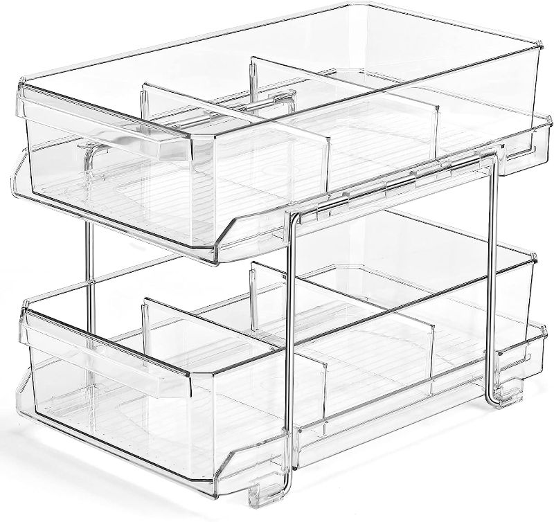 Photo 1 of 2 Tier Clear Organizer with Dividers, Multi-Purpose Slide-Out Storage Container, Bathroom Vanity Counter Organizing Tray, Under Sink Closet Organization, Kitchen Pantry Medicine Cabniet Storage Bins
