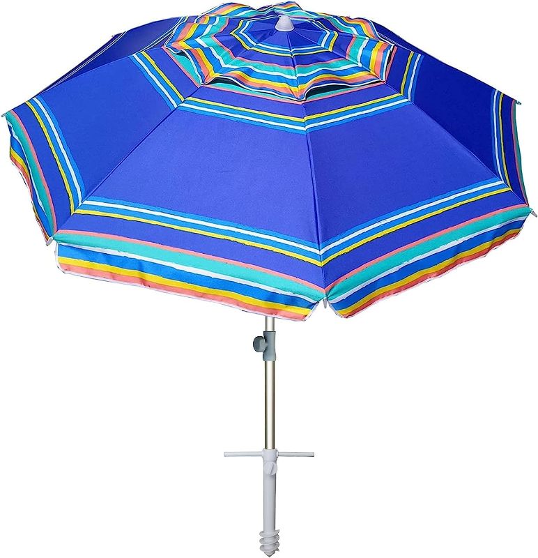 Photo 1 of AMMSUN 7ft Heavy Duty High Wind Beach Umbrella Parasols with sand anchor & Tilt Sun Shelter, UV 50+ Protection Outdoor Sunshade Umbrella with Carry Bag for Patio Garden Beach Pool Backyard Stripe Blue
