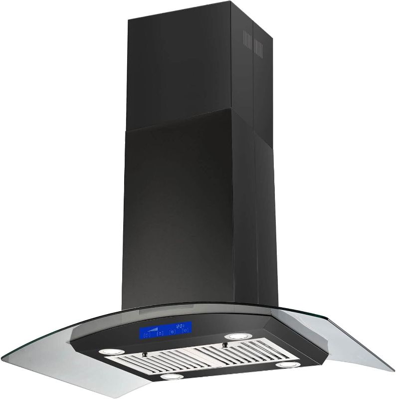 Photo 1 of 36 inch Island Mount Range Hood 700CFM Powerful, Ducted/Ductless Exhaust Kitchen Hood in Black Painted Stainless Steel, Advanced Touch Panel, 3-Speed Extractor Fan, with 4 LED Lights and Baffle filter

