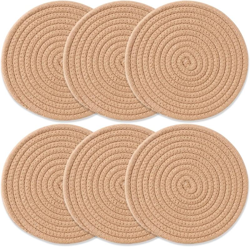 Photo 1 of 6 Pack Trivets for Hot Dishes 7 Inches Hot Pads for Kitchen Trivets for Hot Pots and Pans Farmhouse Coasters Cotton Rope Placemats Kitchen Decor for Counter Woven Potholders (Brown, 6)
