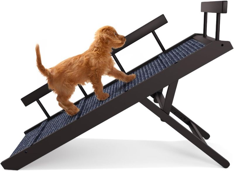 Photo 1 of Adjustable Dog Ramp with Rails Wooden Pet Ramp for Small Animals Pet Gear with Paw Traction Mat Non-Slip Pet Stair for Couch Sofa Car Folding Safety Ramp Cat Step 8.5” to 23.6” Up to 110lb
