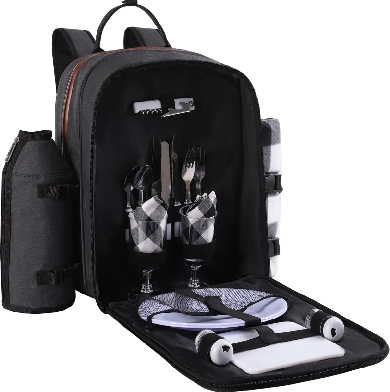 Photo 1 of ALLCAMP OUTDOOR GEAR Picnic Backpack for 2 Person Set W/Detachable Bottle/Wine Holder, Fleece Blanket, Plates and Cutlery Set (Black)
