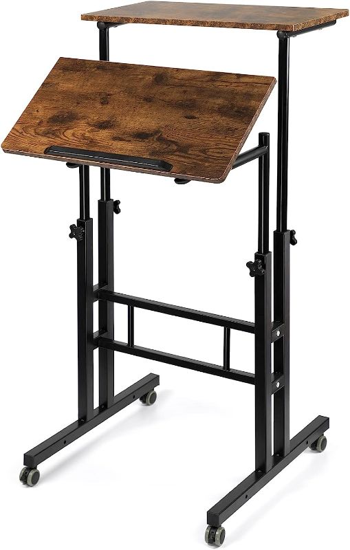 Photo 1 of SIDUCAL Mobile Stand Up Desk, Adjustable Laptop Desk with Wheels Home Office Workstation, Rolling Table Laptop Cart for Standing or Sitting, Rustic Brown
