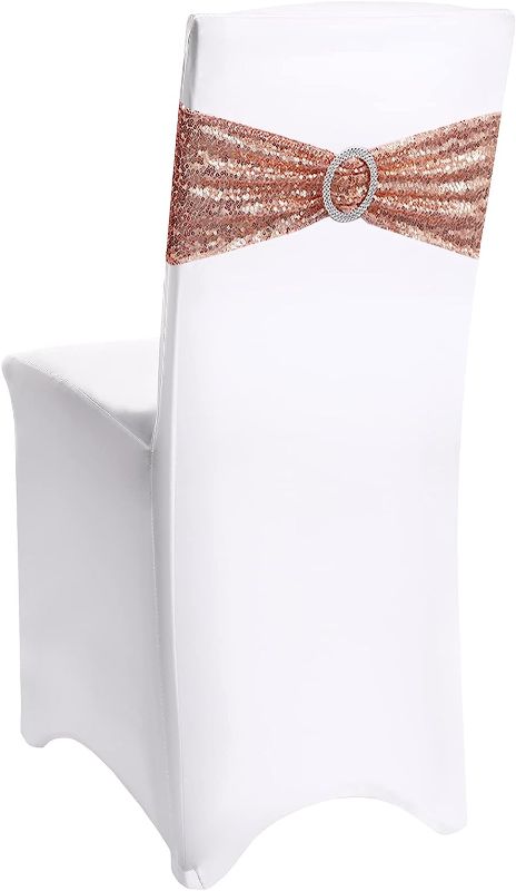 Photo 1 of 60 Pieces White Chair Covers Stretch Spandex Chair Cover and Stretch Chair Sash with Round Buckle Polyester Elastic Chair Slipcovers for Wedding Dining Banquet Event (White and Shiny Rose Gold)
