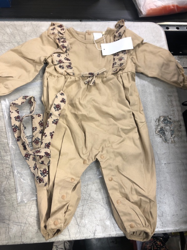 Photo 1 of baby girl jumpsuit- khaki 
size- 12- 18 months 