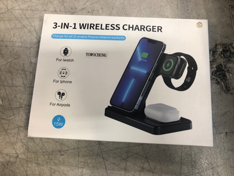 Photo 2 of 3 in 1 Wireless Charger, Charging Station for iPhone, Wireless Charging Stand for iPhone 14/13/12/11/Pro/Max/XS/XR/X/8, iWatch 8/7/6/SE/5/4/3/2, AirPods Pro/3/2/1(Black)
