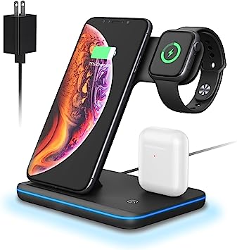 Photo 1 of 3 in 1 Wireless Charger, Charging Station for iPhone, Wireless Charging Stand for iPhone 14/13/12/11/Pro/Max/XS/XR/X/8, iWatch 8/7/6/SE/5/4/3/2, AirPods Pro/3/2/1(Black)
