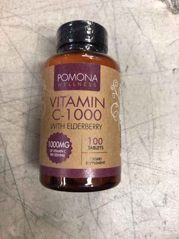 Photo 2 of expires-10/2023
Pomona Wellness Vitamin C 1000mg Supplement with Elderberry, Quercetin for Antioxidant and Immune System Support, Citrus Bioflavonoids, Rose Hips & Rutin, Easy to Swallow, Non-GMO, 100 Tablets 1 Pack