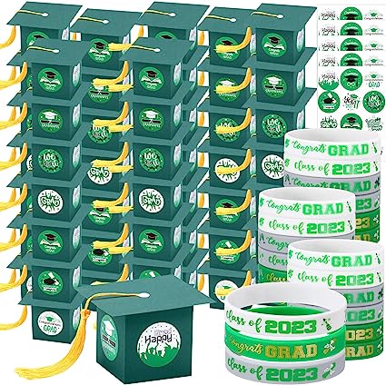 Photo 1 of 209 Pieces Graduation Gifts Box Set Including 100 Pcs Graduation Cap Boxes 100 Pcs Graduation Wristbands Class of 2023 Silicone Bracelets with 9 Stickers for 2023 Grad Party Favors (Green)