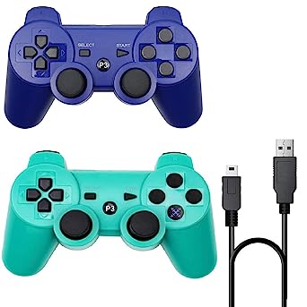 Photo 1 of Rzzhgzq 2 Pack PS3 Wireless Controller Playstation 3 Controller Wireless Bluetooth Gamepad with USB Charger Cable for PS3 Console (Blue+Green)
