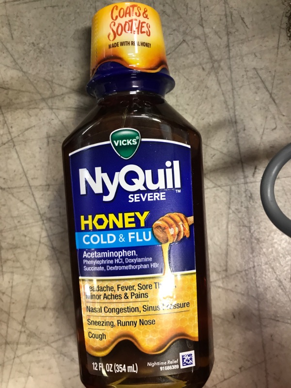 Photo 2 of Vicks NyQuil Severe Honey Cold and Flu Medicine, Maximum Strength, Relieves Cough, Sore Throat, Fever, Congestion, 12 Oz