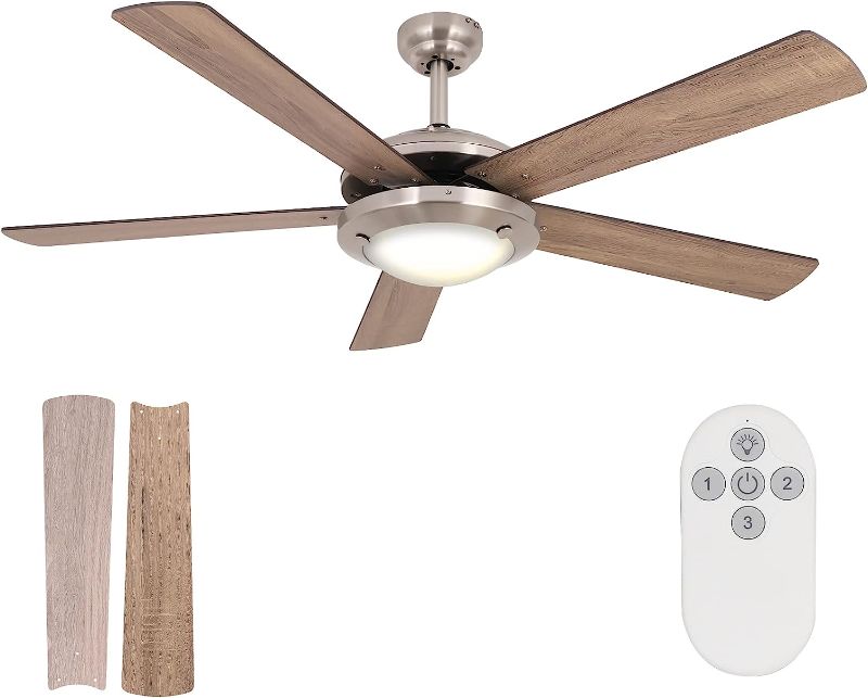 Photo 1 of 52 Inch Ceiling Fans with Lights(2*E26 Base Bulb Included) Remote Control, Reversible Motor and Blades, ETL Listed, for Patio Living Room, Bedroom, Office - Brushed Nickel