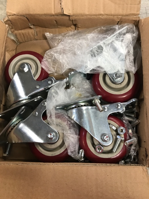 Photo 2 of ABSLIMUS 4 inch Heavy Duty Casters, Lockable Bearing Plate Caster Wheels with Brakes, 360-degree Swivel Casters for Furniture and Workbench Cart, Set of 4, Load 2300lbs (Free Screws and a Spanner) 4 inch Red