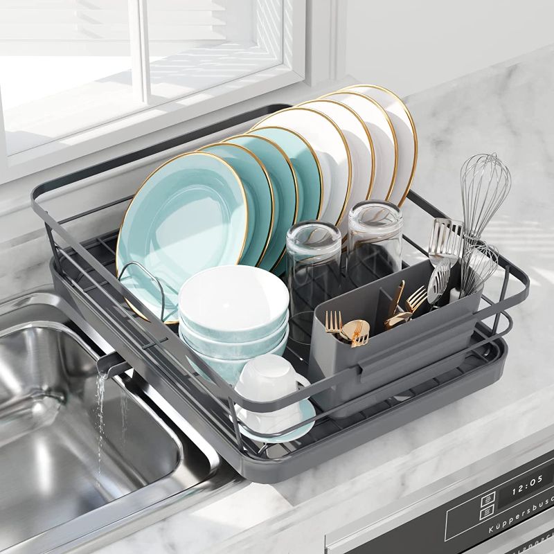 Photo 1 of Sakugi Dish Drying Rack - Compact Dish Rack for Kitchen Counter with a Cutlery Holder, Durable Stainless Steel Kitchen Dish Rack for Various Tableware, Dish Drying Rack with Easy Installation, GREY