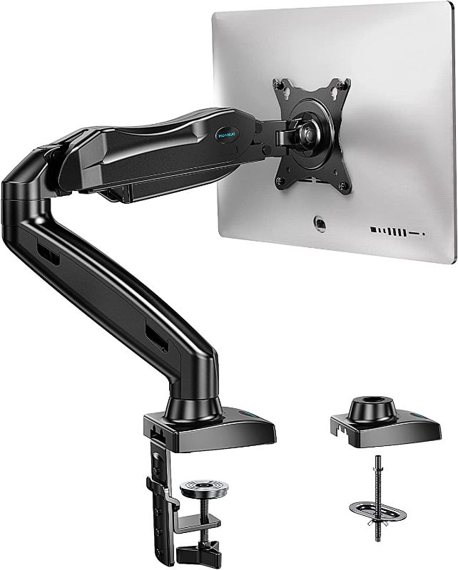 Photo 1 of HUANUO Single Monitor Mount, Articulating Gas Spring Monitor Arm, Adjustable Stand, Vesa Mount with Clamp and Grommet Base - Fits 17 to 27 Inch LCD Computer Monitors 4.4 to 14.3lbs
