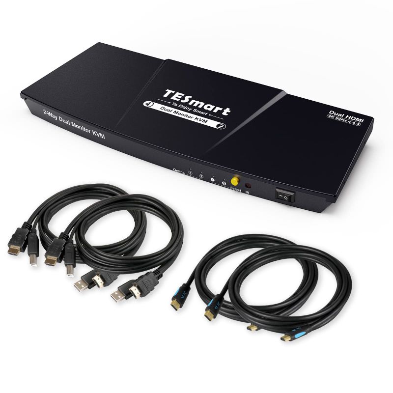 Photo 1 of TESMART HDMI KVM SWITCH 2 PORT DUAL MONITOR EXTENDED DISPLAY, UHD 4K@60HZ RGB 4:4:4, USB HUB, AUDIO, HOTKEY, BUTTON SWITCHING, PC MONITOR KEYBOARD MOUSE SWITCHER FOR 2 COMPUTERS 2 MONITORS WITH CABLES 2 PCS KVM DUAL MONITOR BLACK
