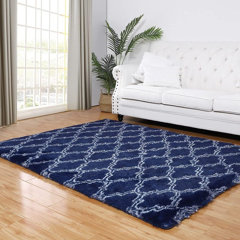 Photo 1 of 6X9 Soft Area Rug for Bedroom Living Room Furry Big Plush Fuzzy Rugs Luxury Fluffy Rug for Girls Boys Kids Room Shaggy Carpet (6X9 Feet, Navy Blue/White)
