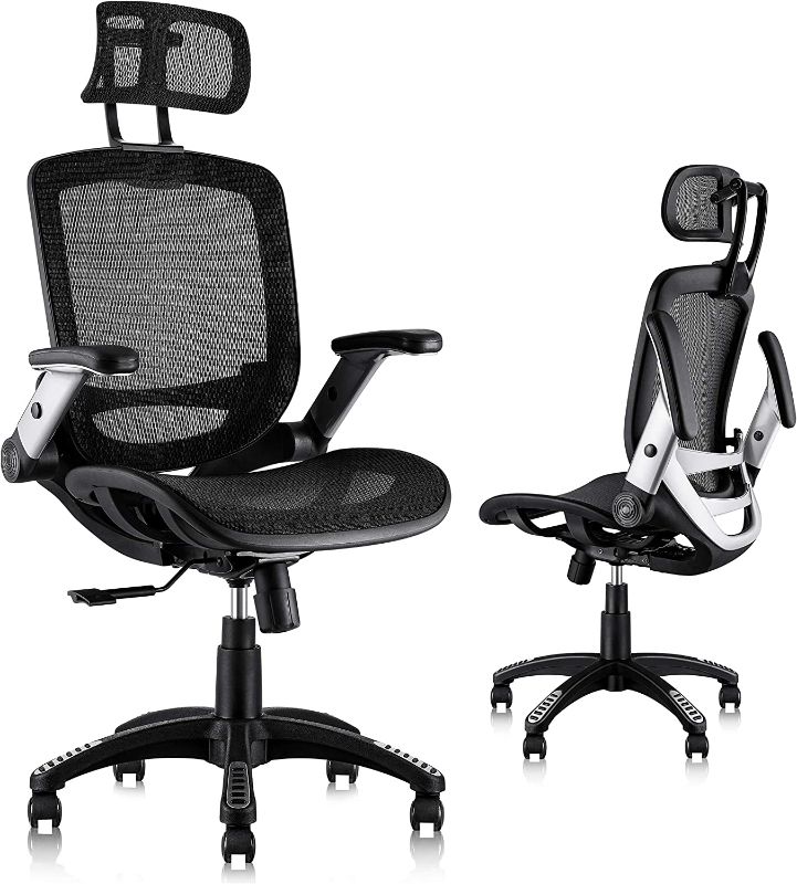Photo 1 of GABRYLLY Ergonomic Mesh Office Chair, High Back Desk Chair - Adjustable Headrest with Flip-Up Arms, Tilt Function, Lumbar Support and PU Wheels, Swivel Computer Task Chair  *** SEVERE BOX DAMAGE ***
