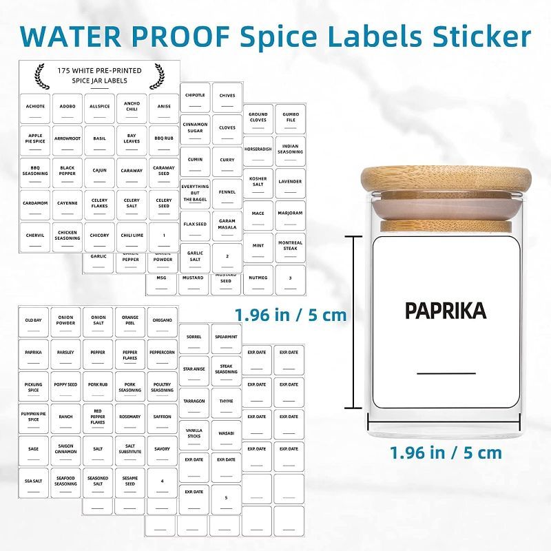 Photo 1 of 5 Pack Glass Spice Jars Set, 3.2oz (95ml) Mini Spice Jar with Bamboo Airtight Lids and 180 Spice Jar Square Labels Preprinted, Thicken Seasoning Containers, Food Storage for Pantry, Tea, Herbs, Salt
