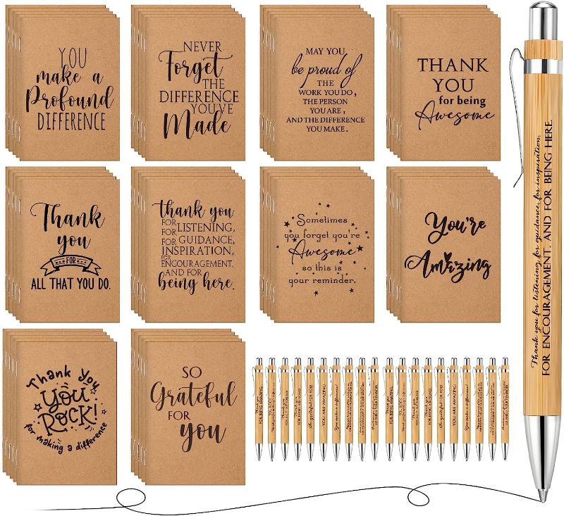 Photo 1 of 50 Set Inspirational Notebooks Motivational Pens Thank You Wood Bamboo Pen Kraft Notebooks Employee Appreciation Gift Pocket Journals Ballpoint Pen Coworker Gift for Office Teacher Volunteer
